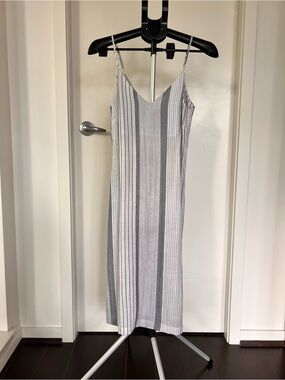 Monk and Lou Sleeveless Striped Midi Slip Dress in White and Navy Stripes